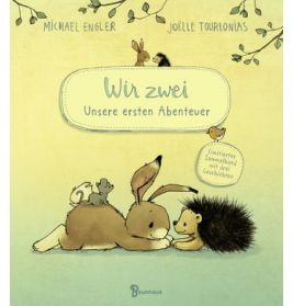 Kinderbuchcover mit Hase und Igel, Titel: Wir zwei - Unsere ersten Abenteuer.