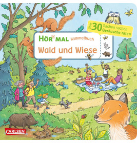 Cartoon-Tiere und Menschen picknicken in einer bunten Wald- und Wiesenlandschaft mit Bäumen und Blumen.