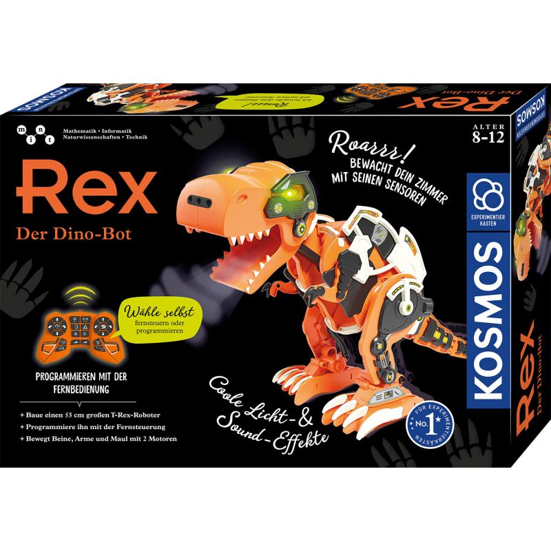 Rex Der Dino-Bot: Roboter-Spielzeug für 8-12 Jahre mit oderanger Dinosaurier-Abbildung auf der Verpackung.
