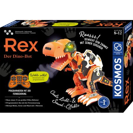 Rex Der Dino-Bot: Roboter-Spielzeug für 8-12 Jahre mit oderanger Dinosaurier-Abbildung auf der Verpackung.