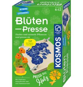 Kosmos Blumenpressen-Set mit blauen, grünen und gelben Designs sowie Blumenmotiven auf der Verpackung.