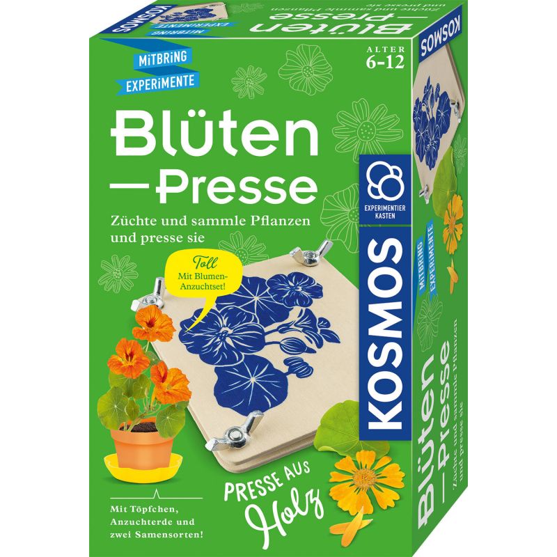 Kosmos Blumenpressen-Set mit blauen, grünen und gelben Designs sowie Blumenmotiven auf der Verpackung. Kosmos Blumenpressen-Set mit blauen, grünen und gelben Designs sowie Blumenmotiven auf der Verpackung.