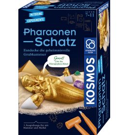 Kosmos Pharaohs Treasure Ausgrabungsset mit goldener Sarkophag-Abbildung und Ausgrabungswerkzeugen auf der Box.