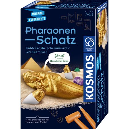 Kosmos Pharaohs Treasure Ausgrabungsset mit goldener Sarkophag-Abbildung und Ausgrabungswerkzeugen auf der Box.