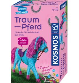 Bastelset Traum-Pferd von KOSMOS für Kinder von 6-10 Jahren, rosa-blaues Wollpferd auf der Verpackung.