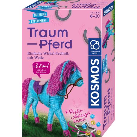 Bastelset Traum-Pferd von KOSMOS für Kinder von 6-10 Jahren, rosa-blaues Wollpferd auf der Verpackung.