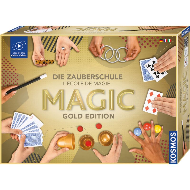 Deckel des Magic Gold Edition Zauberkastens mit Händen, die verschiedene Zaubertricks vorführen. Deckel des Magic Gold Edition Zauberkastens mit Händen, die verschiedene Zaubertricks vorführen.