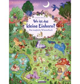Buntes Buchcover mit Einhörnern, Feen, Tieren und Natur unter Halbmond. Deutscher Titel.
