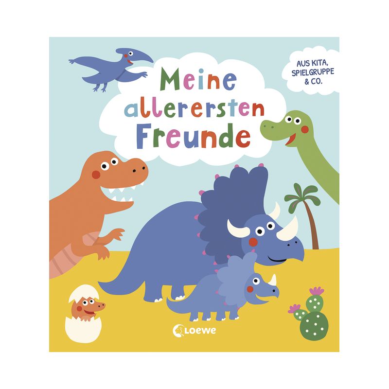 Cartoon-Dinosaurier und ein schlüpfendes Ei auf einem bunten Buchcover mit dem Titel Meine allerersten Freunde.