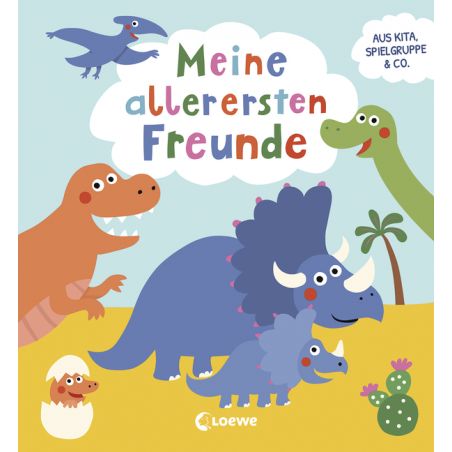 Cartoon-Dinosaurier und ein schlüpfendes Ei auf einem bunten Buchcover mit dem Titel Meine allerersten Freunde.