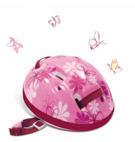 Rosa Helm mit Blumenmuster und roten Riemen, umgeben von gezeichneten rosa und gelben Schmetterlingen.