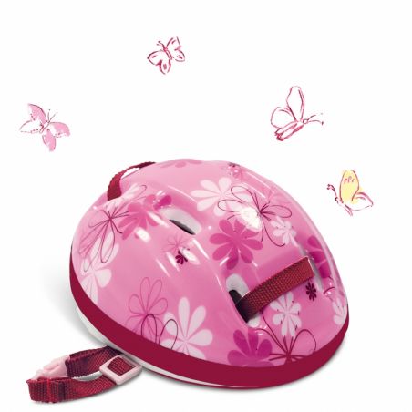 Rosa Helm mit Blumenmuster und roten Riemen, umgeben von gezeichneten rosa und gelben Schmetterlingen.