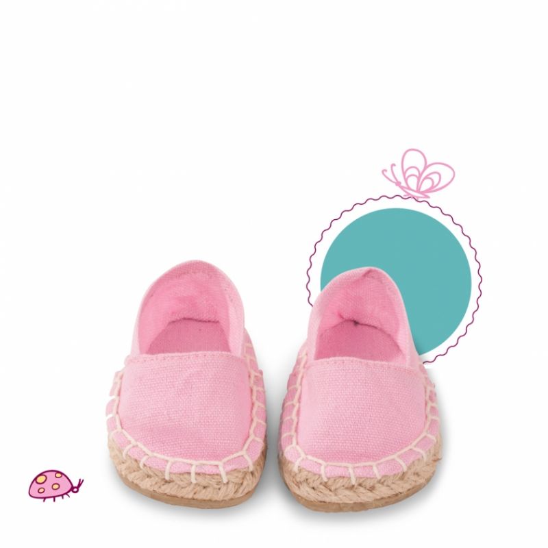 Ein Paar rosa Baby-Espadrilles mit geflochtener Sohle, umgeben von niedlichen Illustrationen.