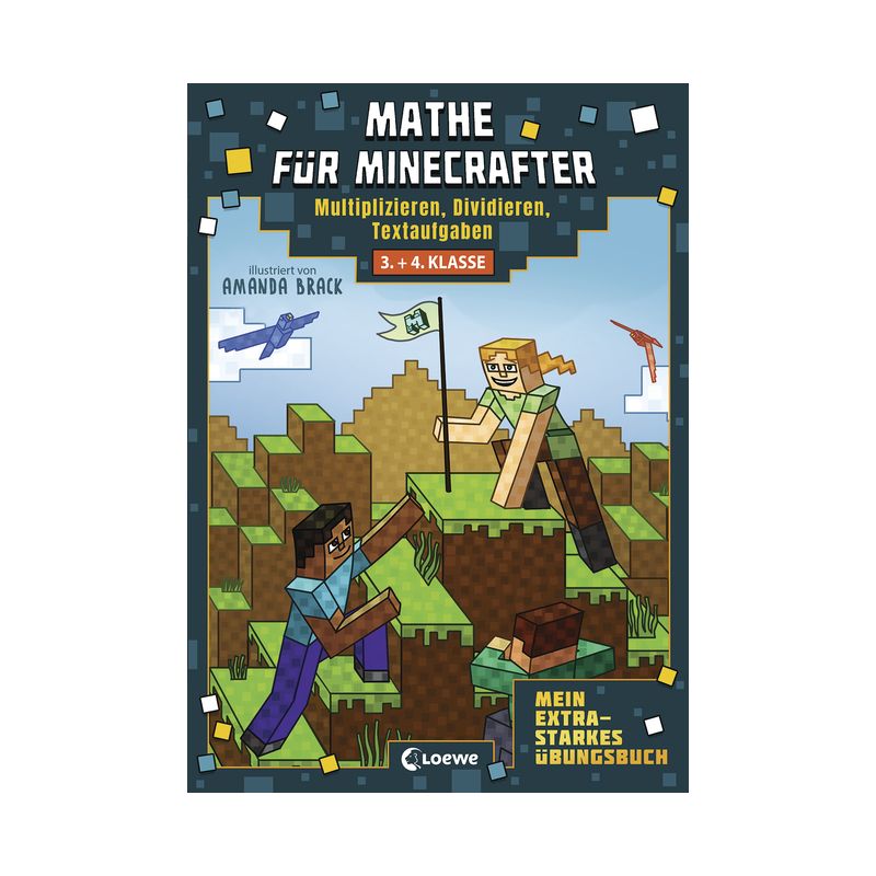 Buchcover: Zwei Minecraft-Charaktere mit Flaggen und Werkzeugen zwischen Blöcken. Deutscher Text. Buchcover: Zwei Minecraft-Charaktere mit Flaggen und Werkzeugen zwischen Blöcken. Deutscher Text.