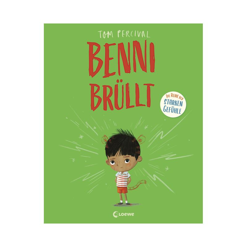 Buchcover: Junge im gestreiften Shirt mit Tigerohren und Schwanz auf grünem Grund, Titel BENNI BRÜLLT. Buchcover: Junge im gestreiften Shirt mit Tigerohren und Schwanz auf grünem Grund, Titel BENNI BRÜLLT.