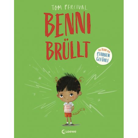 Buchcover: Junge im gestreiften Shirt mit Tigerohren und Schwanz auf grünem Grund, Titel BENNI BRÜLLT.