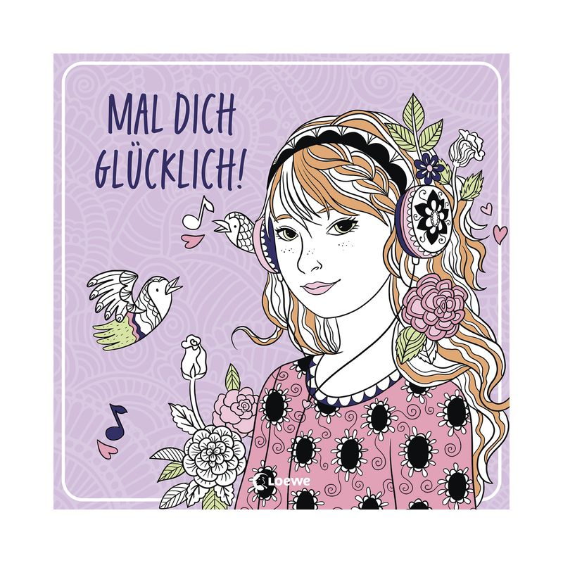 Mädchen mit Kopfhörern, Blumen und Vogel. Text: Mal dich glücklich!.