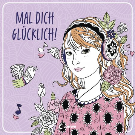 Mädchen mit Kopfhörern, Blumen und Vogel. Text: Mal dich glücklich!.