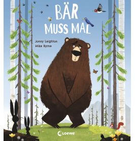 Ein schüchterner Bär steht im Wald mit Tieren auf dem Buchcover steht der Titel Bär muss mal.