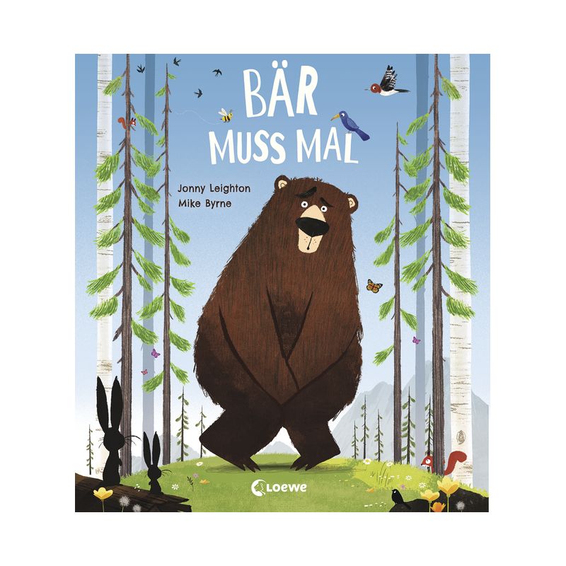 Ein schüchterner Bär steht im Wald mit Tieren auf dem Buchcover steht der Titel Bär muss mal. Ein schüchterner Bär steht im Wald mit Tieren auf dem Buchcover steht der Titel Bär muss mal.