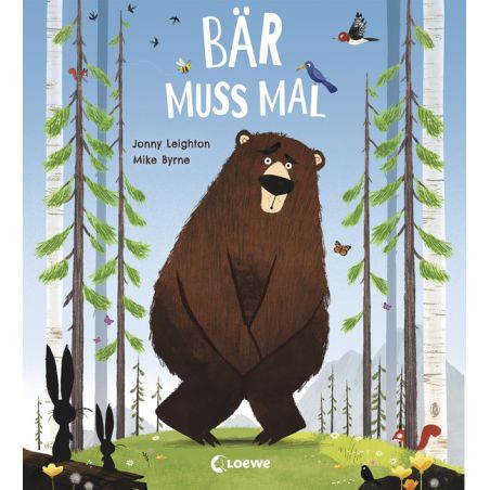 Ein schüchterner Bär steht im Wald mit Tieren auf dem Buchcover steht der Titel Bär muss mal.