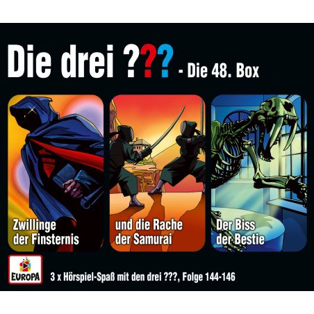 Drei Die drei Hörspielcover: maskierte Figur, Samurai-Duell und Dinosaurierskelett.