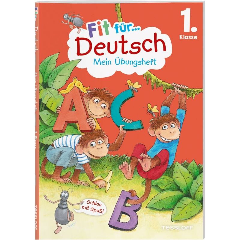 Drei Affen mit großen Buchstaben A, B und C auf buntem Buchcover für den Deutschunterricht in der 1. Klasse.