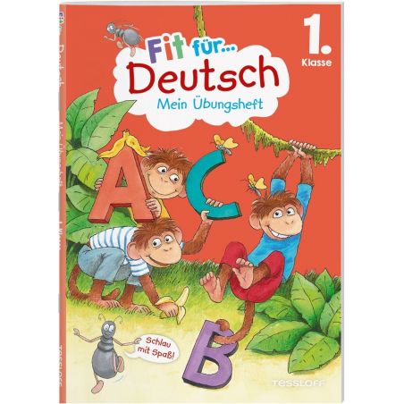 Drei Affen mit großen Buchstaben A, B und C auf buntem Buchcover für den Deutschunterricht in der 1. Klasse.