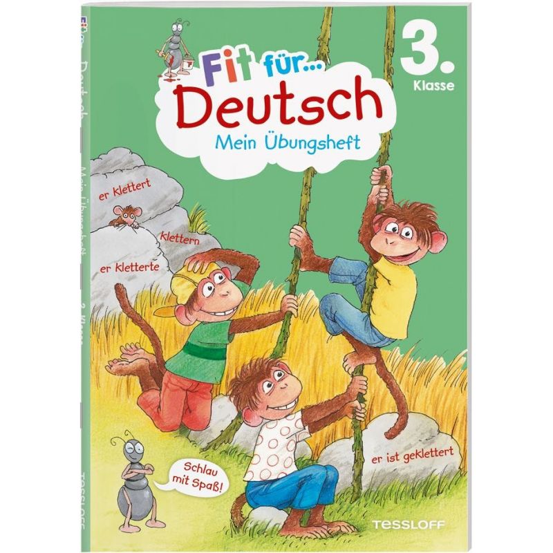 Drei gezeichnete Affen klettern auf Seilen auf dem grünen Cover des 3. Klasse Deutschbuchs Fit für Deutsch.