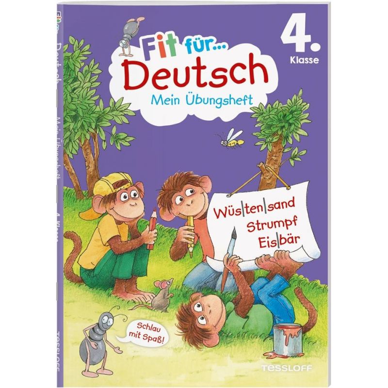 Buntes Arbeitsheftcover: Drei Affen lesen ein Schild, Titel Fit für Deutsch 4. Klasse.