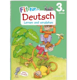 Buchcover: Fit für Deutsch 3. Klasse mit spielenden Affen und grünen Blättern, versehen mit deutschen Wörtern.