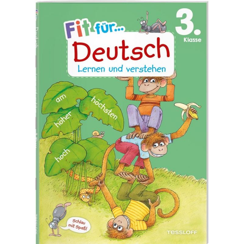 Buchcover: Fit für Deutsch 3. Klasse mit spielenden Affen und grünen Blättern, versehen mit deutschen Wörtern.