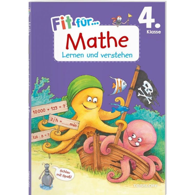 Ein Oktopus erklärt einem anderen auf einem Piratenschiff Mathe; Schrift: Fit für...Mathe, 4. Klasse.