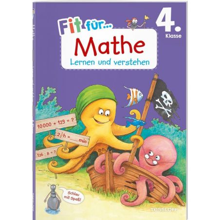 Ein Oktopus erklärt einem anderen auf einem Piratenschiff Mathe; Schrift: Fit für...Mathe, 4. Klasse.