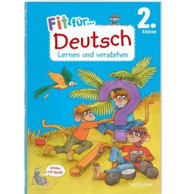 Drei Affen, ein lila Fragezeichen und ein Papagei auf blauem Deutschbuchcover für die 2. Klasse.