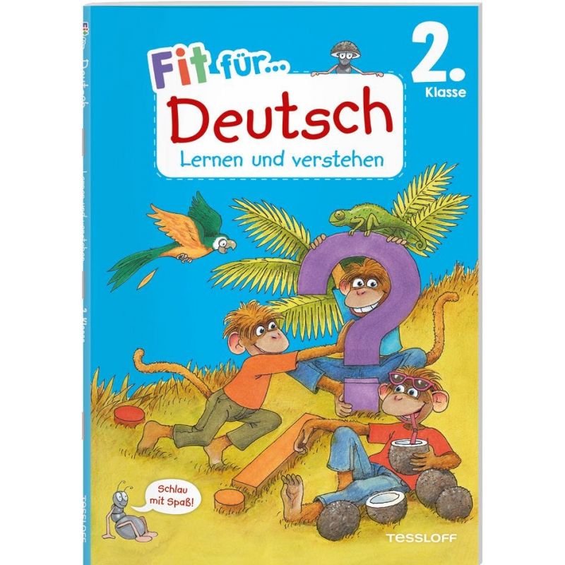 Drei Affen, ein lila Fragezeichen und ein Papagei auf blauem Deutschbuchcover für die 2. Klasse.