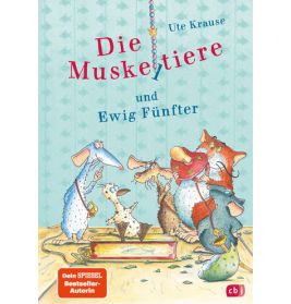 Buchcover: Fünf gezeichnete Tiere spielen ein Brettspiel. Titel: Die Muskeltiere und Ewig Fünfter von Ute Krause.