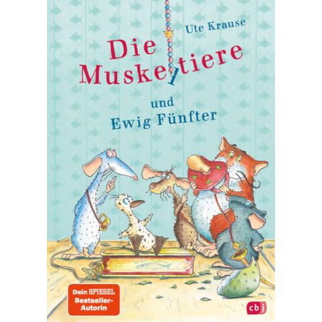Buchcover: Fünf gezeichnete Tiere spielen ein Brettspiel. Titel: Die Muskeltiere und Ewig Fünfter von Ute Krause.