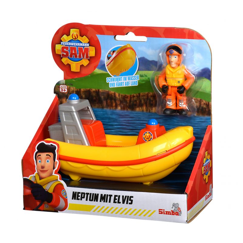 Fireman Sam Neptun Spielset mit gelbem Boot und Elvis-Figur in Verpackung, auf Deutsch beschriftet. Fireman Sam Neptun Spielset mit gelbem Boot und Elvis-Figur in Verpackung, auf Deutsch beschriftet.