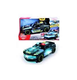 Spielzeug-Polizeiauto mit Leuchten vor bunter Rhythm-Patrol-Verpackung.