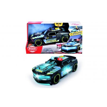 Spielzeug-Polizeiauto mit Leuchten vor bunter Rhythm-Patrol-Verpackung. Spielzeug-Polizeiauto mit Leuchten vor bunter Rhythm-Patrol-Verpackung.