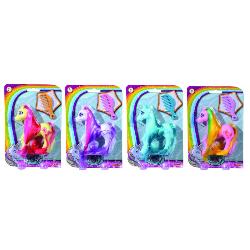 Vier bunte Spielzeugponys in Verpackung, jeweils mit Bürste vor regenbogenfarbenem Hintergrund.