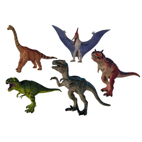 Fünf bunte Dinosaurierfiguren, darunter ein Flugsaurier, sind auf weißem Hintergrund angeordnet.