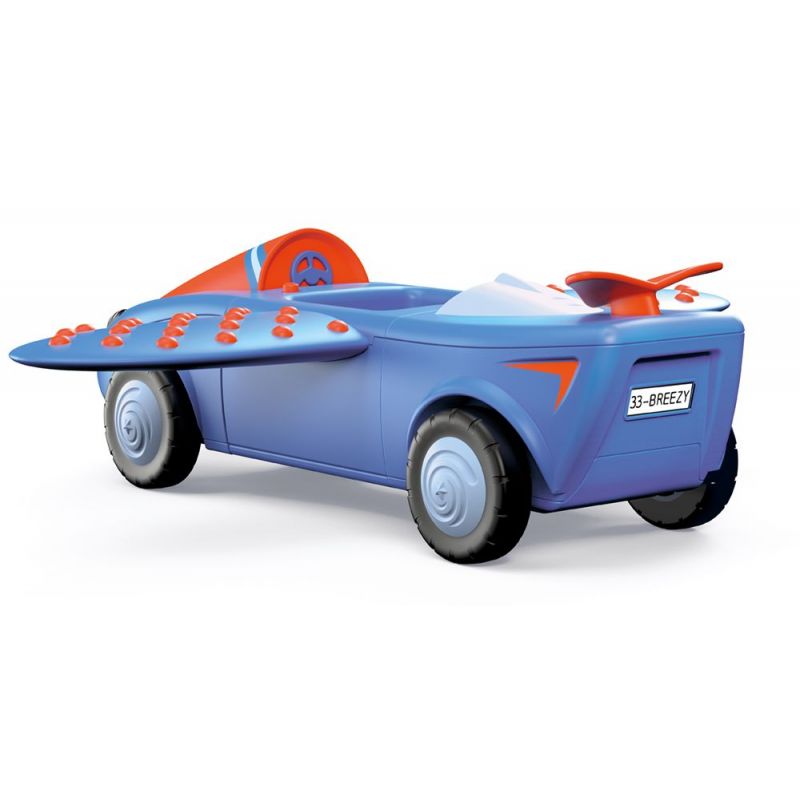 Blaues Spielzeugauto mit roten Flügeln, runden Akzenten und Kennzeichen 33-BREEZY.