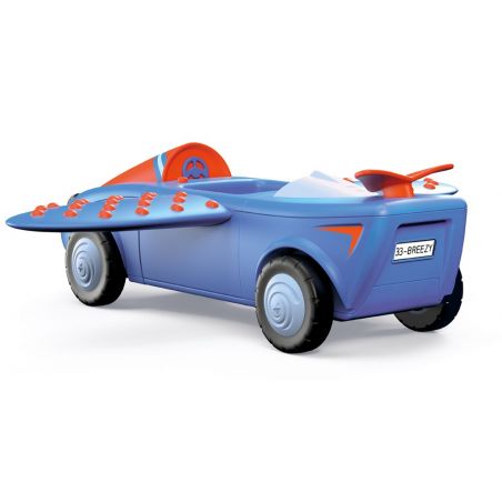 Blaues Spielzeugauto mit roten Flügeln, runden Akzenten und Kennzeichen 33-BREEZY.