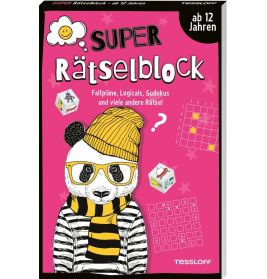Buchcover mit Panda in Hut und Schal, Rätseln und dem deutschen Text "Super Rätselblock, ab 12 Jahren".