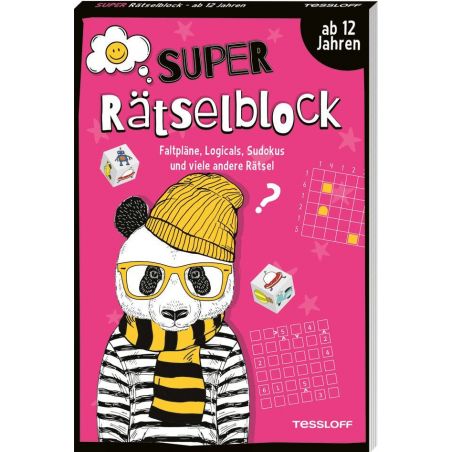 Buchcover mit Panda in Hut und Schal, Rätseln und dem deutschen Text "Super Rätselblock, ab 12 Jahren".