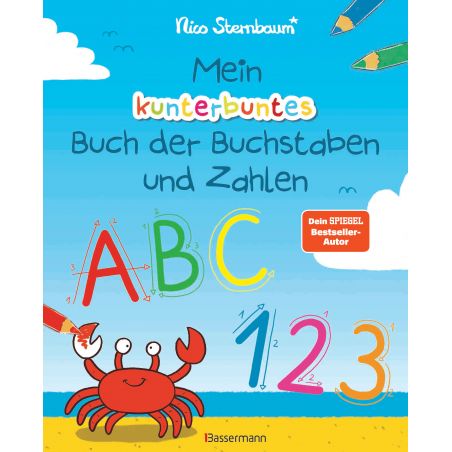 Buntes Kinderbuchcover mit Krabbe, großem ABC und 123 sowie verspielten deutschen Schriftzügen.