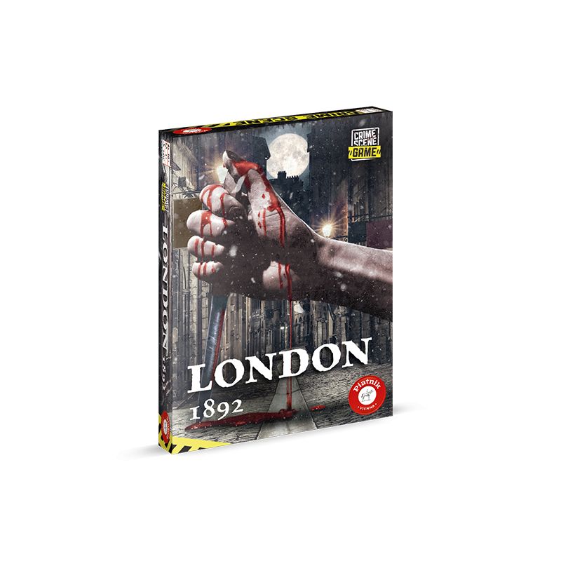 Die Spielbox London 1892 zeigt eine blutige Hand mit Messer vor dunkler Straßenkulisse.