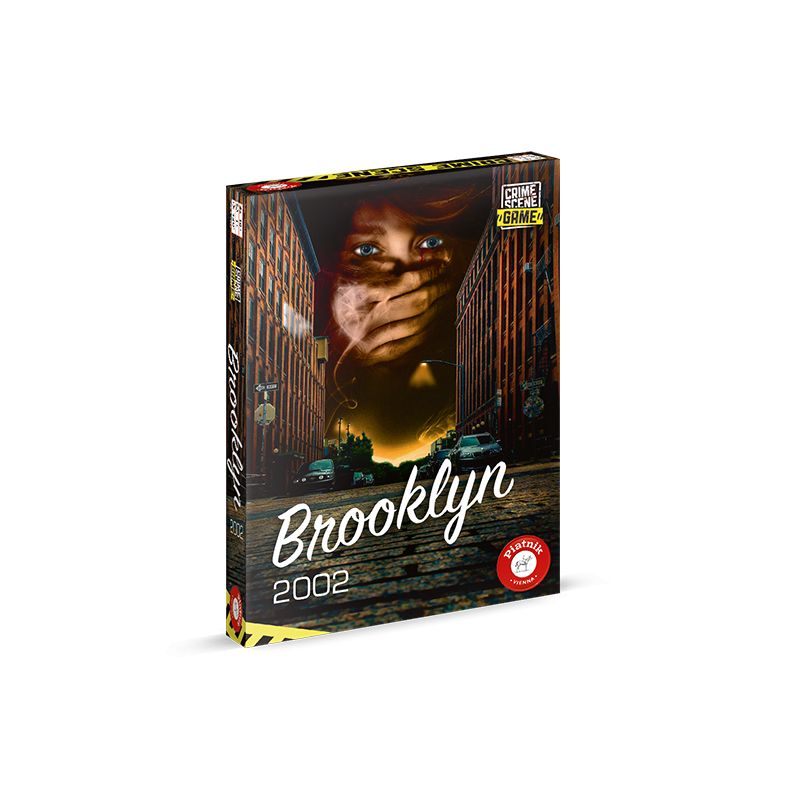 Spielbox Brooklyn 2002 mit Stadtstraße und dem Gesicht einer Frau, deren Mund von einer Hand bedeckt wird.